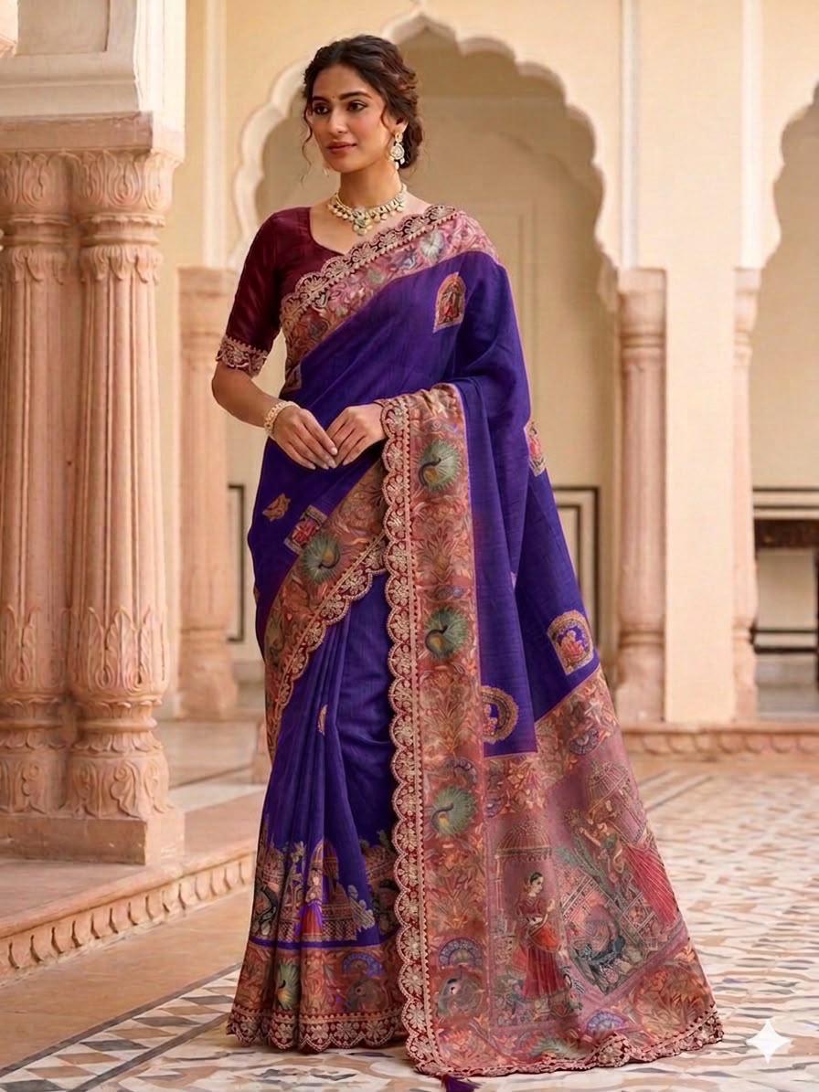 Ivory White and Deep Maroon Dola Banarasi Peacock Motif Saree